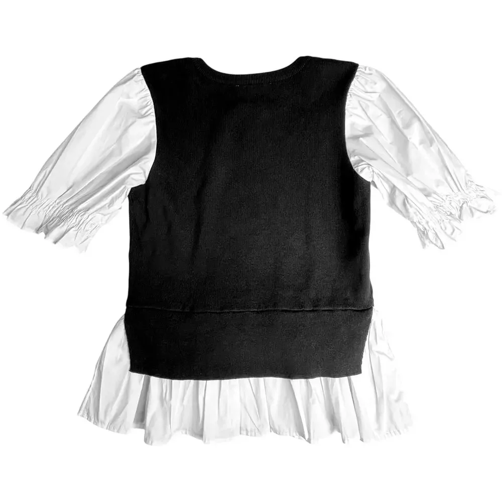 ANTHROPOLOGIE WOMEN'S BLACK KNIT WHITE POPLIN LAYERED TUNIC TOP PUFF SLEEVE SZ S